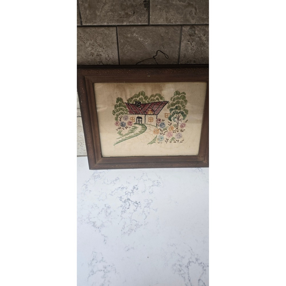 Vintage Handmade Cottage Embroidery Framed Needlepoint Folk Art 1937 Newspaper